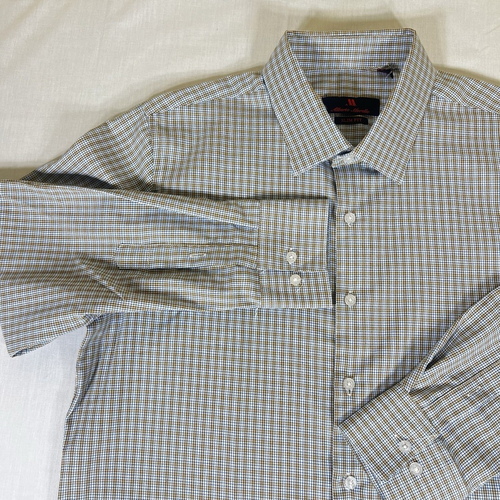 Alberto Morrello Slim Fit Shirt Mens M Brown Blue Check Button Down